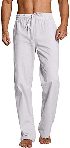 Runcati Herren Leinenhose Lang Freizeithose Leicht Baumwolle Sommerhose Männer Yoga Strandhose, Weiß, XL von Runcati