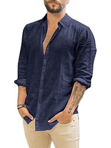 Runcati Herren Langarm Leinenhemd Umlegekragen Hemd Business Freizeithemd Sommer Shirt, Dunkelblau, XL von Runcati