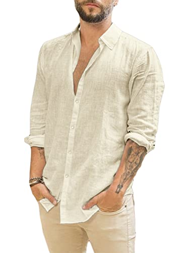 Runcati Herren Langarm Leinenhemd Umlegekragen Hemd Business Freizeithemd Sommer Shirt, Khaki, XXL von Runcati