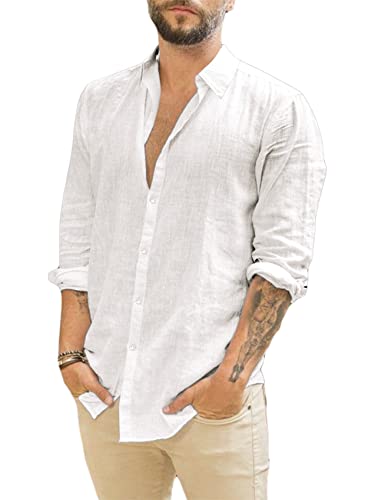 Runcati Herren Langarm Leinenhemd Umlegekragen Hemd Business Freizeithemd Sommer Shirt, Weiß, M von Runcati