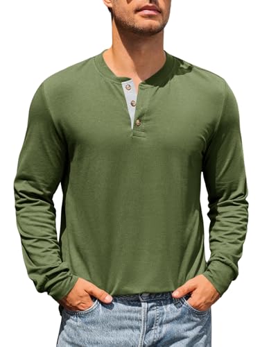 Runcati Herren Langarm T-Shirt Regular Fit Henley Shirt Einfarbig Knopfleiste Langarmshirt Männer Casual Leicht Freizeit Hemd Armeegrün M von Runcati