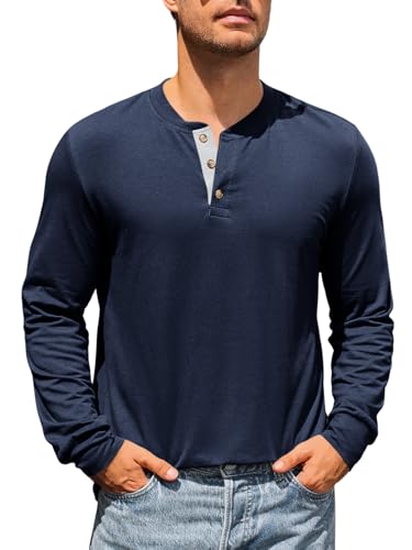 Runcati Herren Langarm T-Shirt Regular Fit Henley Shirt Einfarbig Knopfleiste Langarmshirt Männer Casual Leicht Freizeit Hemd Dunkelblau M von Runcati