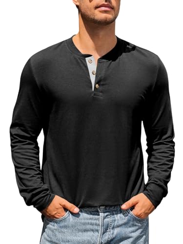 Runcati Herren Langarm T-Shirt Regular Fit Henley Shirt Einfarbig Knopfleiste Langarmshirt Männer Casual Leicht Freizeit Hemd Schwarz XXL von Runcati