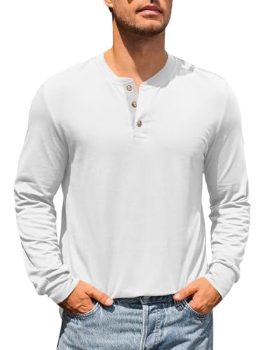 Runcati Herren Langarm T-Shirt Regular Fit Henley Shirt Einfarbig Knopfleiste Langarmshirt Männer Casual Leicht Freizeit Hemd Weiß M von Runcati
