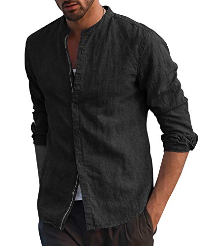 Runcati Herren Langarmhemd Baumwolle Stehkragen Freizeithemd Leicht Leinen Hemd Lässig Sommer Tops, Schwarz, L von Runcati
