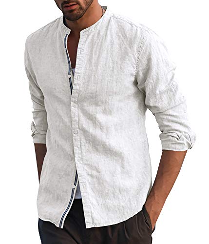 Runcati Herren Langarmhemd Baumwolle Stehkragen Freizeithemd Leicht Leinen Hemd Lässig Sommer Tops, Weiß, L von Runcati