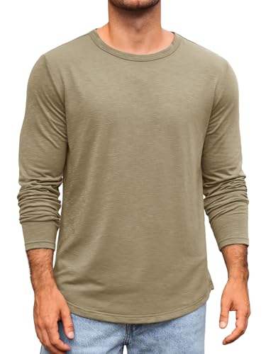 Runcati Herren Langarmshirt Rundhals Langarm T-Shirt Einfarbig Regular Fit Oberteile Sport Freizeit Shirts Casual Basic Unterhemd Khaki S von Runcati