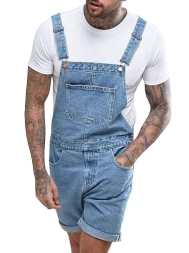 Runcati Herren Latzhose Baumwolle Jeans Overall Kurze Arbeitshose Loose Fit Männer Denim Jumpsuit mit Taschen Blau XXL von Runcati