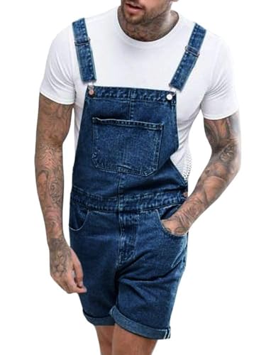 Runcati Herren Latzhose Baumwolle Jeans Overall Kurze Arbeitshose Loose Fit Männer Denim Jumpsuit mit Taschen Dunkelblau M von Runcati