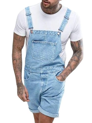 Runcati Herren Latzhose Baumwolle Jeans Overall Kurze Arbeitshose Loose Fit Männer Denim Jumpsuit mit Taschen Hellblau XXL von Runcati
