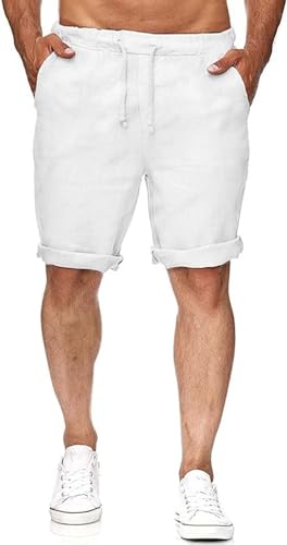 Runcati Herren Leinen Shorts Bermuda Kurz Hose Leicht Sommershorts Gummizug Freizeithose mit 2 Taschen Weiß XL von Runcati
