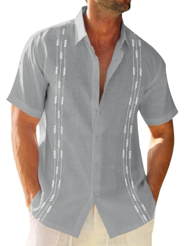 Runcati Herren-Leinenhemd, Guayabera, kubanisch, kurzärmelig, Knopfleiste, Baumwolle, Sommer, Strand, Hippie-Shirt, GRAU, Mittel Runcati Herren-Leinenhemd, Guayabera, kubanisch, kurzärmelig, Knopfleiste, Baumwolle, Sommer, Strand, Hippie-Shirt, GRAU, Mittel von Runcati