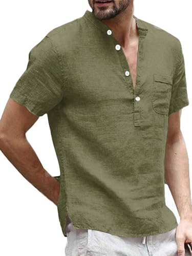 Runcati Herren Leinenhemd Henley Shirt Hemd Herren Kurzarm Freizeithemd Sommerhemd Business Shirts für Männer, Olive Grün, L von Runcati