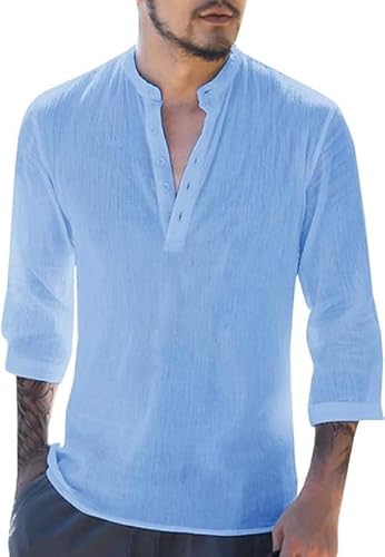 Runcati Herren Leinenhemd Herren Hemd 3/4 Ärmel Henley Shirt Regular Fit Freizeithemd Casual Sommerhemd Strand Leinen Shirts Blau 3XL von Runcati