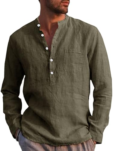 Runcati Herren Leinenhemd Langarm Baumwolle Leinen Shirt Männer Freizeithemd Regular Fit Strand Sommerhemd Armeegrün M von Runcati