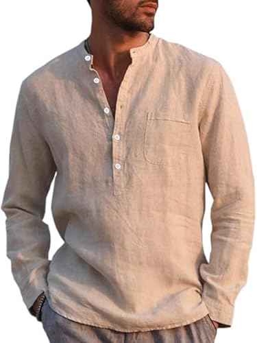 Runcati Herren Leinenhemd Langarm Baumwolle Leinen Shirt Männer Freizeithemd Regular Fit Strand Sommerhemd Beige L von Runcati