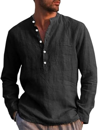 Runcati Herren Leinenhemd Langarm Baumwolle Leinen Shirt Männer Freizeithemd Regular Fit Strand Sommerhemd Schwarz XL von Runcati