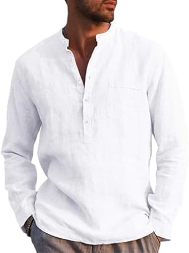 Runcati Herren Leinenhemd Langarm Baumwolle Leinen Shirt Männer Freizeithemd Regular Fit Strand Sommerhemd Weiß XL von Runcati