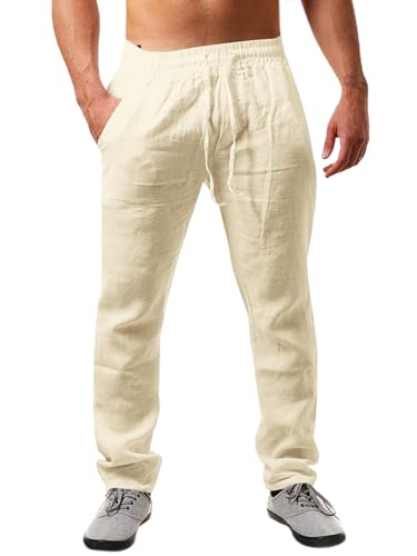Runcati Herren Leinenhose Einfarbiges Lang Leicht Sommerhose Loose Fit Freizeithose mit Kordelzug für Urlaub Strand Beige L von Runcati