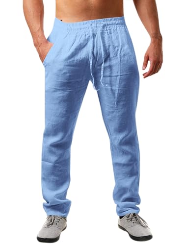 Runcati Herren Leinenhose Einfarbiges Lang Leicht Sommerhose Loose Fit Freizeithose mit Kordelzug für Urlaub Strand Blau L von Runcati