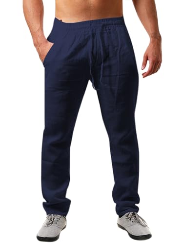 Runcati Herren Leinenhose Einfarbiges Lang Leicht Sommerhose Loose Fit Freizeithose mit Kordelzug für Urlaub Strand Dunkelblau S von Runcati