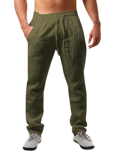 Runcati Herren Leinenhose Einfarbiges Lang Leicht Sommerhose Loose Fit Freizeithose mit Kordelzug für Urlaub Strand Grün S von Runcati