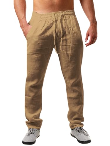 Runcati Herren Leinenhose Einfarbiges Lang Leicht Sommerhose Loose Fit Freizeithose mit Kordelzug für Urlaub Strand Khaki L von Runcati