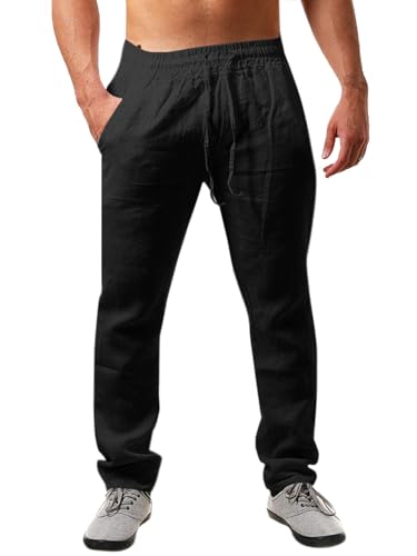 Runcati Herren Leinenhose Einfarbiges Lang Leicht Sommerhose Loose Fit Freizeithose mit Kordelzug für Urlaub Strand Schwarz XXL von Runcati