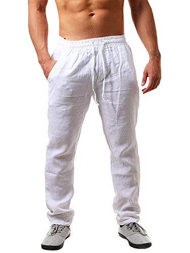 Runcati Herren Leinenhose Einfarbiges Lang Leicht Sommerhose Loose Fit Freizeithose mit Kordelzug für Urlaub Strand Weiß XXL von Runcati