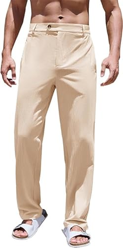 Runcati Herren Leinenhose Lang Leicht Baumwolle Hose Loose Fit Sommerhose Casual Freizeithose Sommer Strand Hosen Yoga Khaki L von Runcati