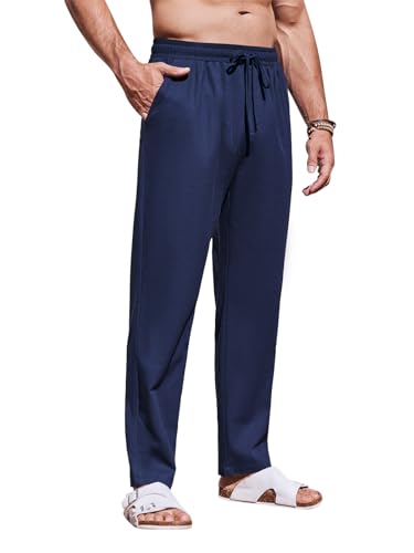 Runcati Herren Leinenhose Loose Fit Herren Hosen Stilvolle Sommerhose Angenehme Praktische Männer Freizeithose Dunkelblau Groß von Runcati