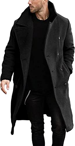 Runcati Herren Mantel Regular Fit Trenchcoat Langes Revers Zweireihig Wolle Business Winterjacke Peacoat, Schwarz , XL von Runcati