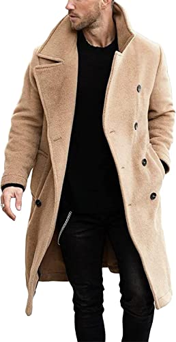 Runcati Herren Mantel Regular Fit Trenchcoat Langes Revers Zweireihig Wolle Business Winterjacke Peacoat, beige, XL von Runcati