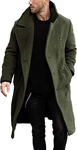 Runcati Herren Mantel Regular Fit Trenchcoat Langes Revers Zweireihig Wolle Business Winterjacke Peacoat, grün, M von Runcati