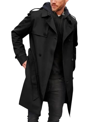 Runcati Herren Mantel Zweireiher Trenchcoat Langes Revers Business Jacke mit Gürtel, Schwarz , M von Runcati