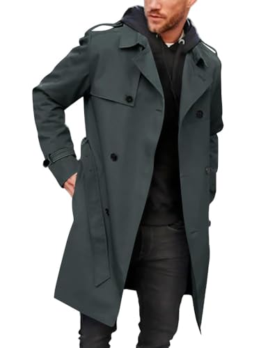 Runcati Herren Mantel Zweireiher Trenchcoat Langes Revers Business Jacke mit Gürtel, dunkelgrau, XXL von Runcati