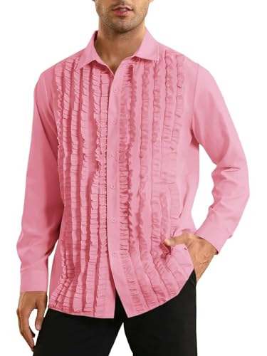 Runcati Herren Mittelalter Hemd Regular Fit Langarm Freizeithemd Viktorian Renaissance Piraten Hemd Männer Cosplay Kostüm Rosa M von Runcati
