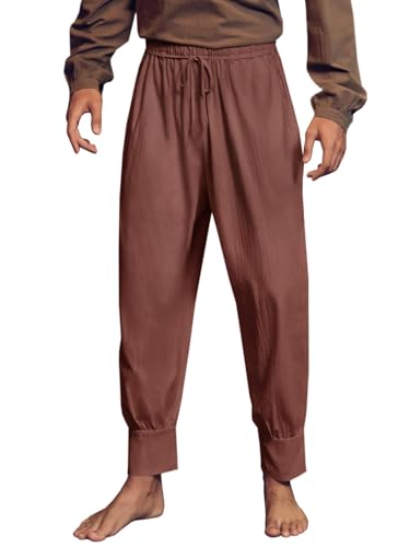Runcati Herren Mittelalter Hose Baumwolle Renaissance Piratenhose mit Kordelzug Einfarbiges Baggy Sommerhose Loose Fit Cosplay Kostüm Braun XXL von Runcati