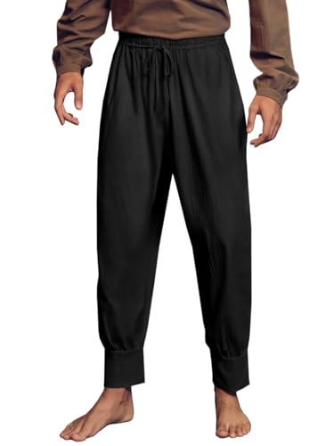 Runcati Herren Mittelalter Hose Baumwolle Renaissance Piratenhose mit Kordelzug Einfarbiges Baggy Sommerhose Loose Fit Cosplay Kostüm Schwarz L von Runcati