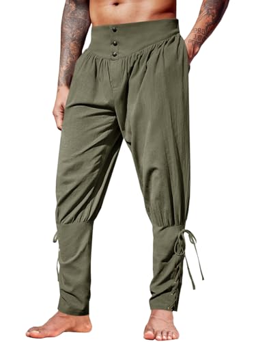 Runcati Herren Mittelalter Hose Vintage Leicht Leinenhose Renaissance Wikinger Piratenhose Einfarbig Baggy Freizeithose Cosplay Kostüm Hosen Armeegrün XL von Runcati