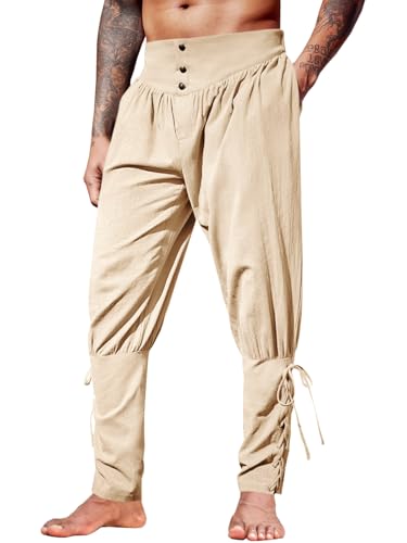 Runcati Herren Mittelalter Hose Vintage Leicht Leinenhose Renaissance Wikinger Piratenhose Einfarbig Baggy Freizeithose Cosplay Kostüm Hosen Beige XL von Runcati
