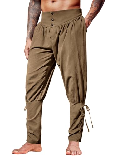 Runcati Herren Mittelalter Hose Vintage Leicht Leinenhose Renaissance Wikinger Piratenhose Einfarbig Baggy Freizeithose Cosplay Kostüm Hosen Braun M von Runcati