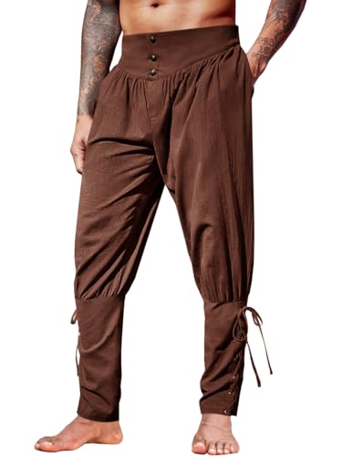 Runcati Herren Mittelalter Hose Vintage Leicht Leinenhose Renaissance Wikinger Piratenhose Einfarbig Baggy Freizeithose Cosplay Kostüm Hosen Kaffee XXL von Runcati