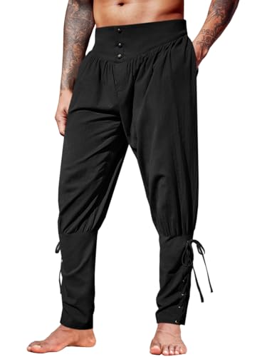 Runcati Herren Mittelalter Hose Vintage Leicht Leinenhose Renaissance Wikinger Piratenhose Einfarbig Baggy Freizeithose Cosplay Kostüm Hosen Schwarz XL von Runcati