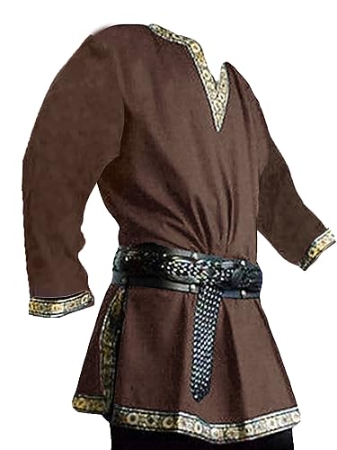 Runcati Herren Mittelalter Kostüm Renaissance Pirat Halloween Wikinger Tunika Ritter Cosplay Krieger LARP Hemden Braun L von Runcati