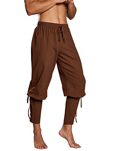 Runcati Herren Piratenhose Mittelalter Hose Cosplay Kostüm Schnürhose Renaissance Wikinger Steampunk Freizeithose, Braun, XL von Runcati