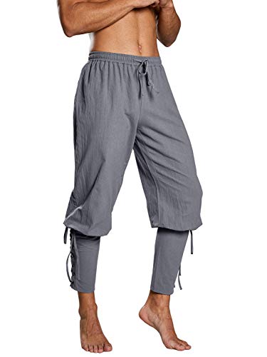 Runcati Herren Piratenhose Mittelalter Hose Cosplay Kostüm Schnürhose Renaissance Wikinger Steampunk Freizeithose, Grau, M von Runcati