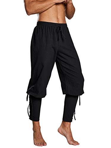Runcati Herren Piratenhose Mittelalter Hose Cosplay Kostüm Schnürhose Renaissance Wikinger Steampunk Freizeithose, Schwarz, S von Runcati