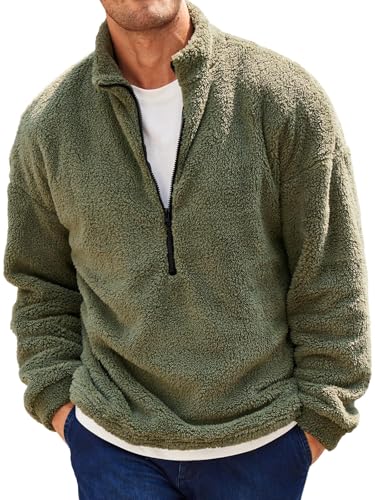 Runcati Herren Plüsch Pullover 1/4 Zip Teddy-Fleece Sweatshirt Fuzzy Sherpa Oberteile Leichte Casual Basic Pulli Tops Herbst Winter Armeegrün L von Runcati
