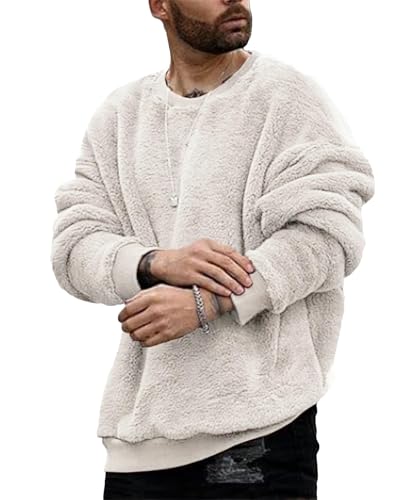 Runcati Herren Plüsch Pullover Teddy-Fleece Oberteile Oversize Sweatshirt Fuzzy Plüsch Teddy Pulli Tops für Herbst Winter Wollweiß L von Runcati